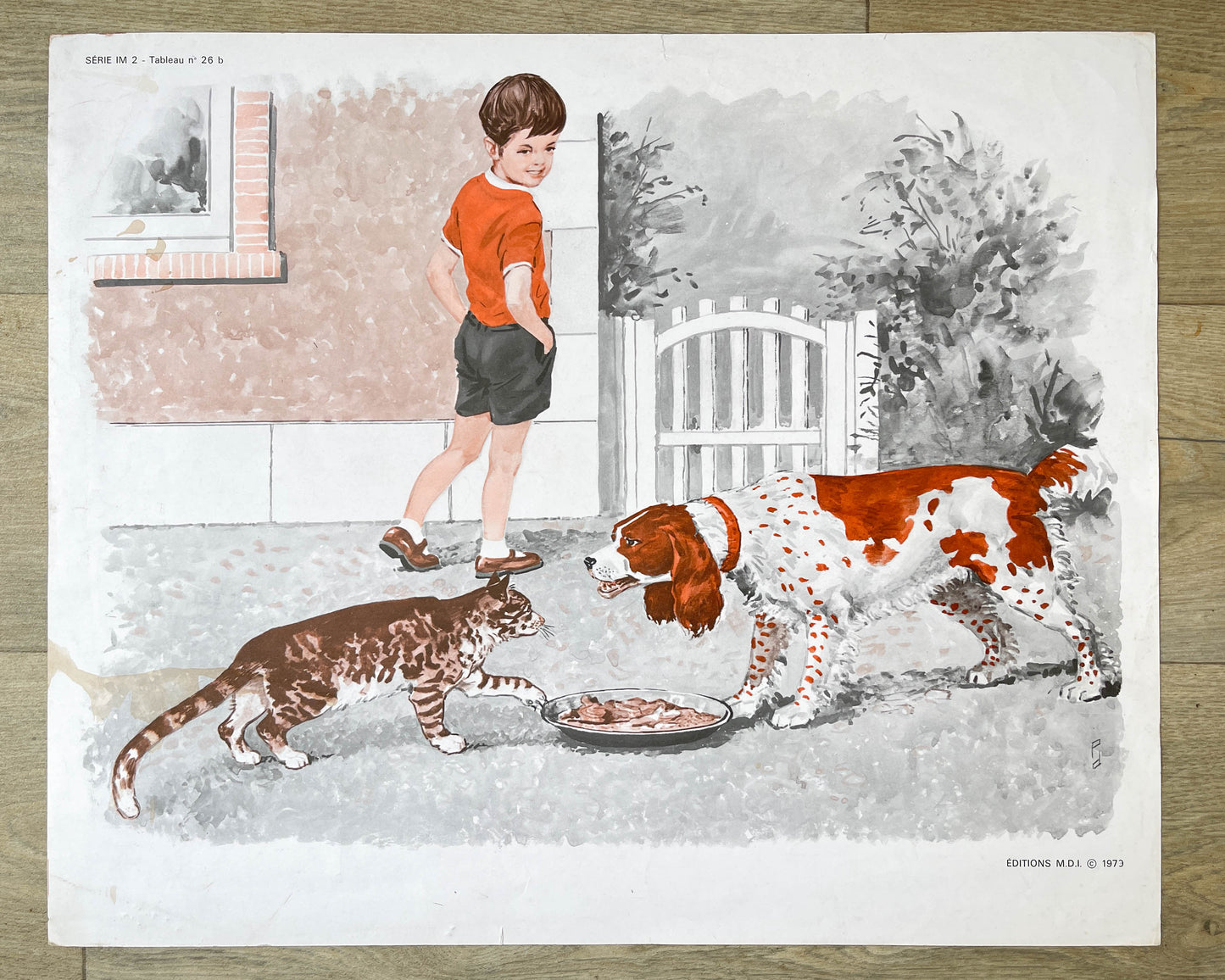 Ancienne affiche scolaire Française MDI, 1970 : Chien, chat / Course école