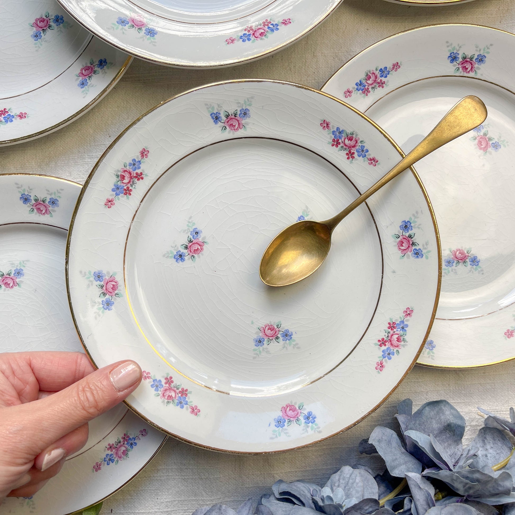 Lot de 6 petites assiettes en porcelaine vintage de Salins, décor floral bleu et rose, dorure.