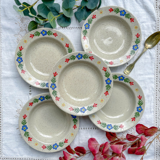 5 Assiettes creuses en grès beige moucheté motif fleuri Tulowice Poland 1970v