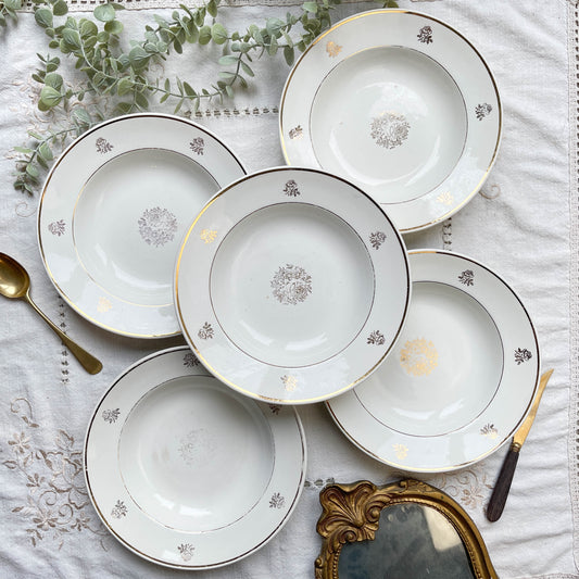 5 Assiettes creuses porcelaine vintage Française motif fleurs dorées