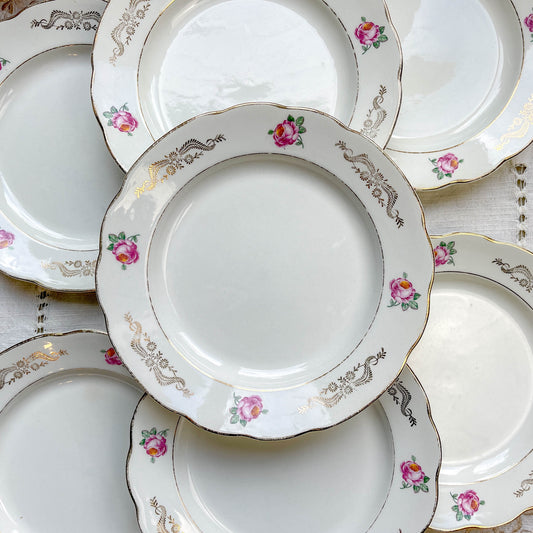 7 Assiettes plates vintage en faïence fleurie Gien - Modèle "Marie-Laure" (1950)