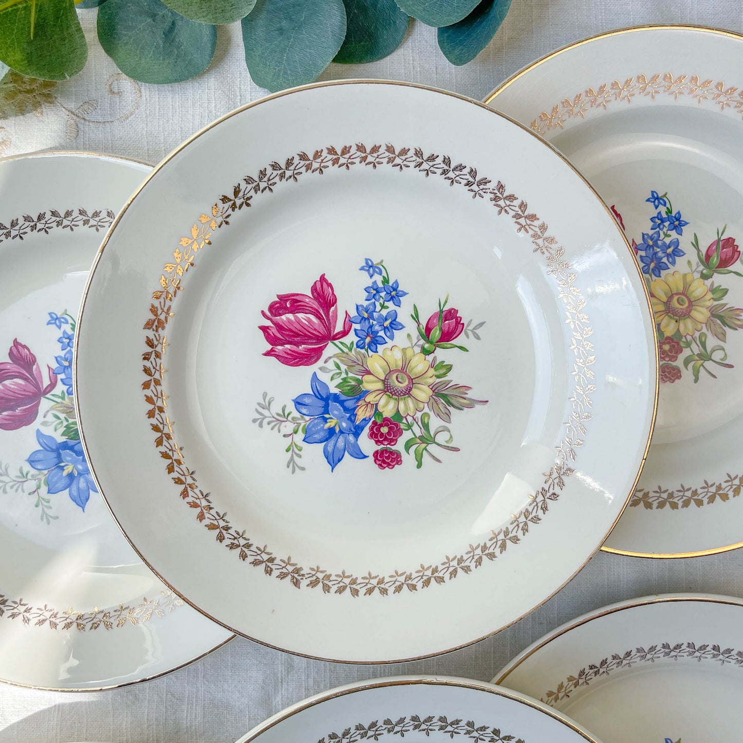 6 Assiettes plates en porcelaine vintage motif fleuri Sarreguemines 5261 -Vaisselle vintage fleurie -Vaisselle Française Assiettes-vintage