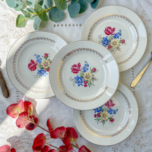 4 Assiettes plates en porcelaine vintage motif fleuri Sarreguemines 5261 -Vaisselle vintage fleurie -Vaisselle Française Assiettes-vintage