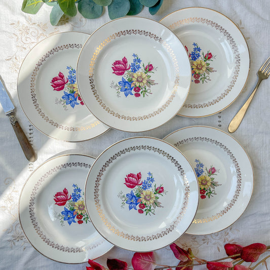 6 Assiettes plates en porcelaine vintage motif fleuri Sarreguemines 5261 -Vaisselle vintage fleurie -Vaisselle Française Assiettes-vintage