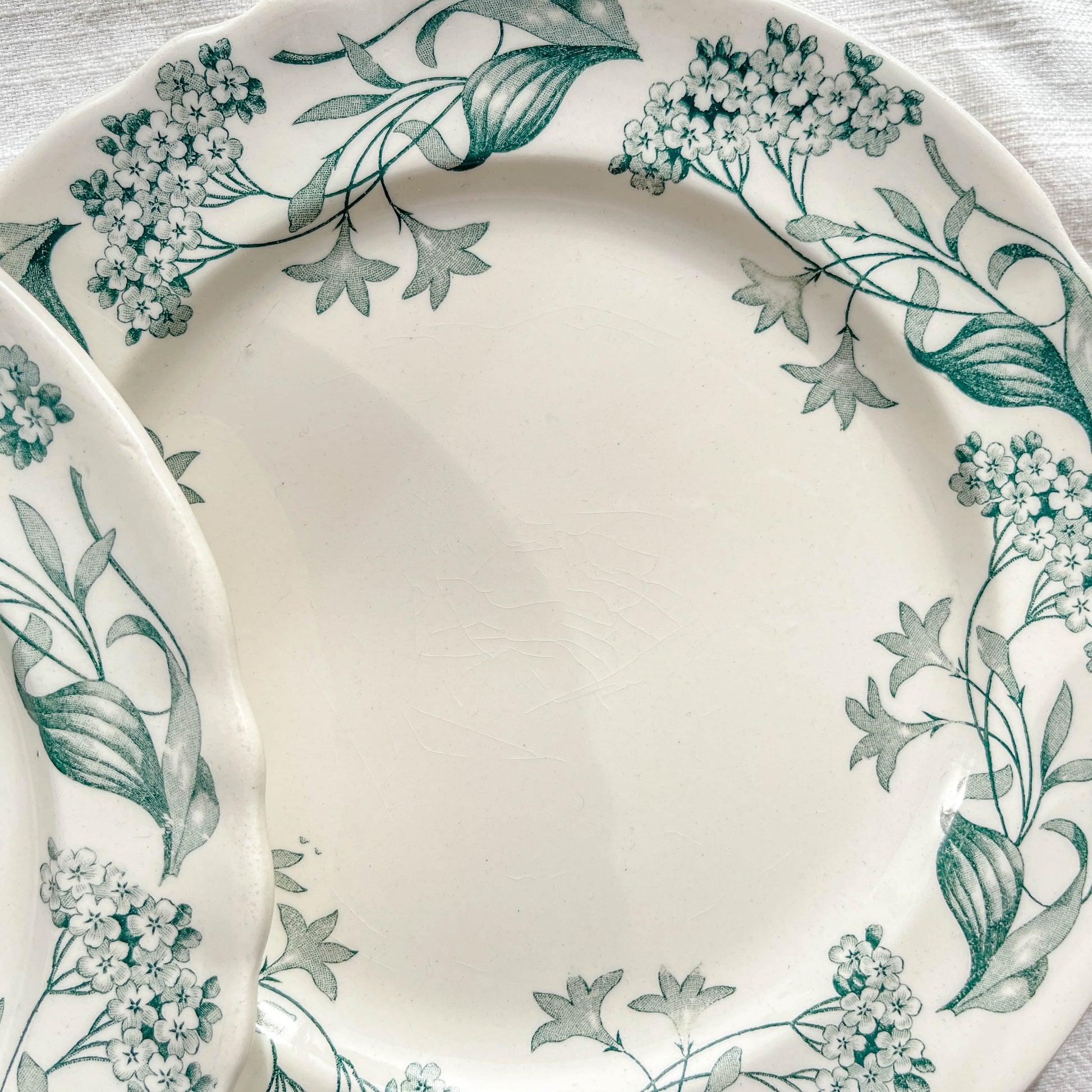 Lot de 6 assiettes plates anciennes en Terre de Fer, modèle 'Lilas' de la manufacture Longchamp – faïence blanche à décor floral bleu, France, fin XIXe siècle