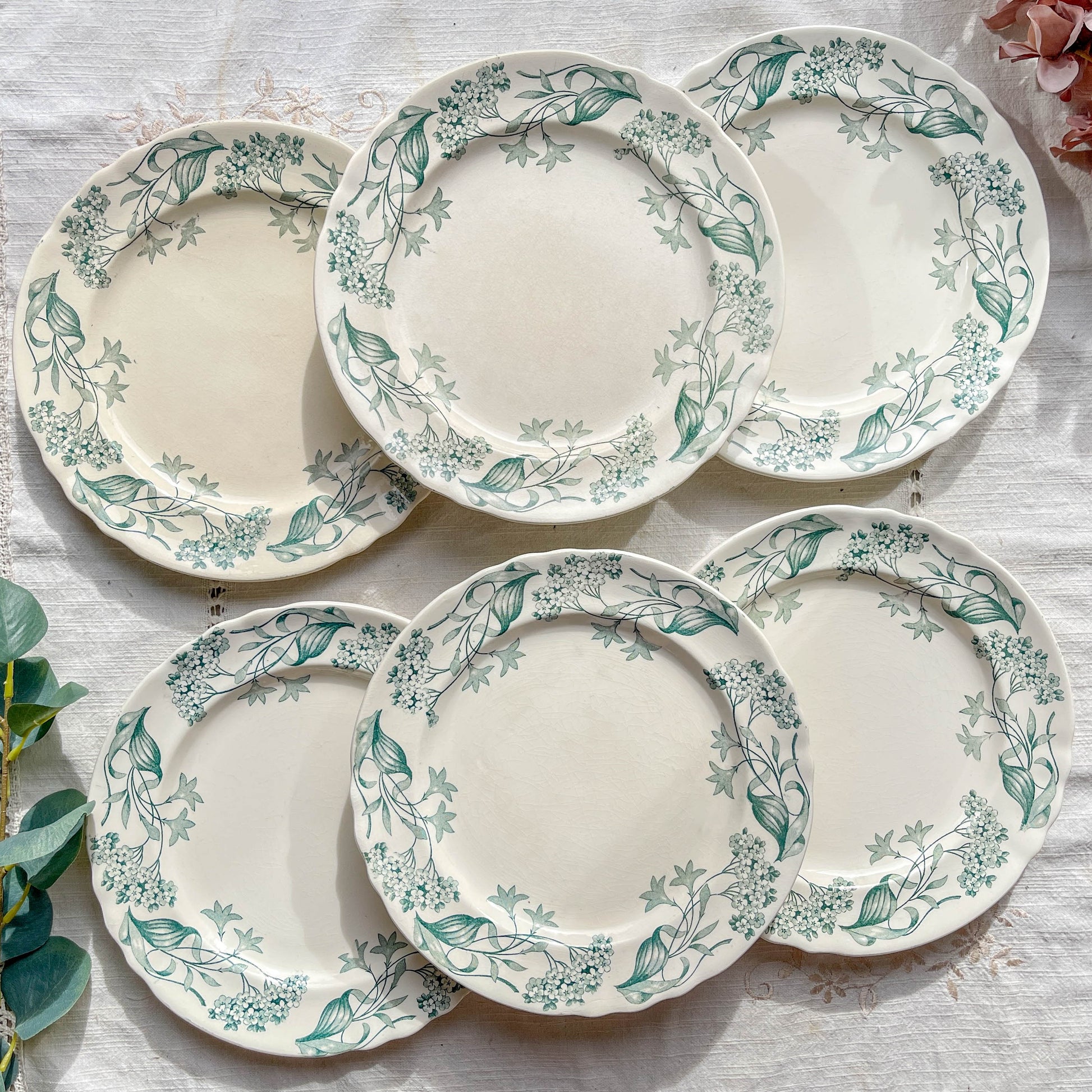 Lot de 6 assiettes plates anciennes en Terre de Fer, modèle 'Lilas' de la manufacture Longchamp – faïence blanche à décor floral bleu, France, fin XIXe siècle
