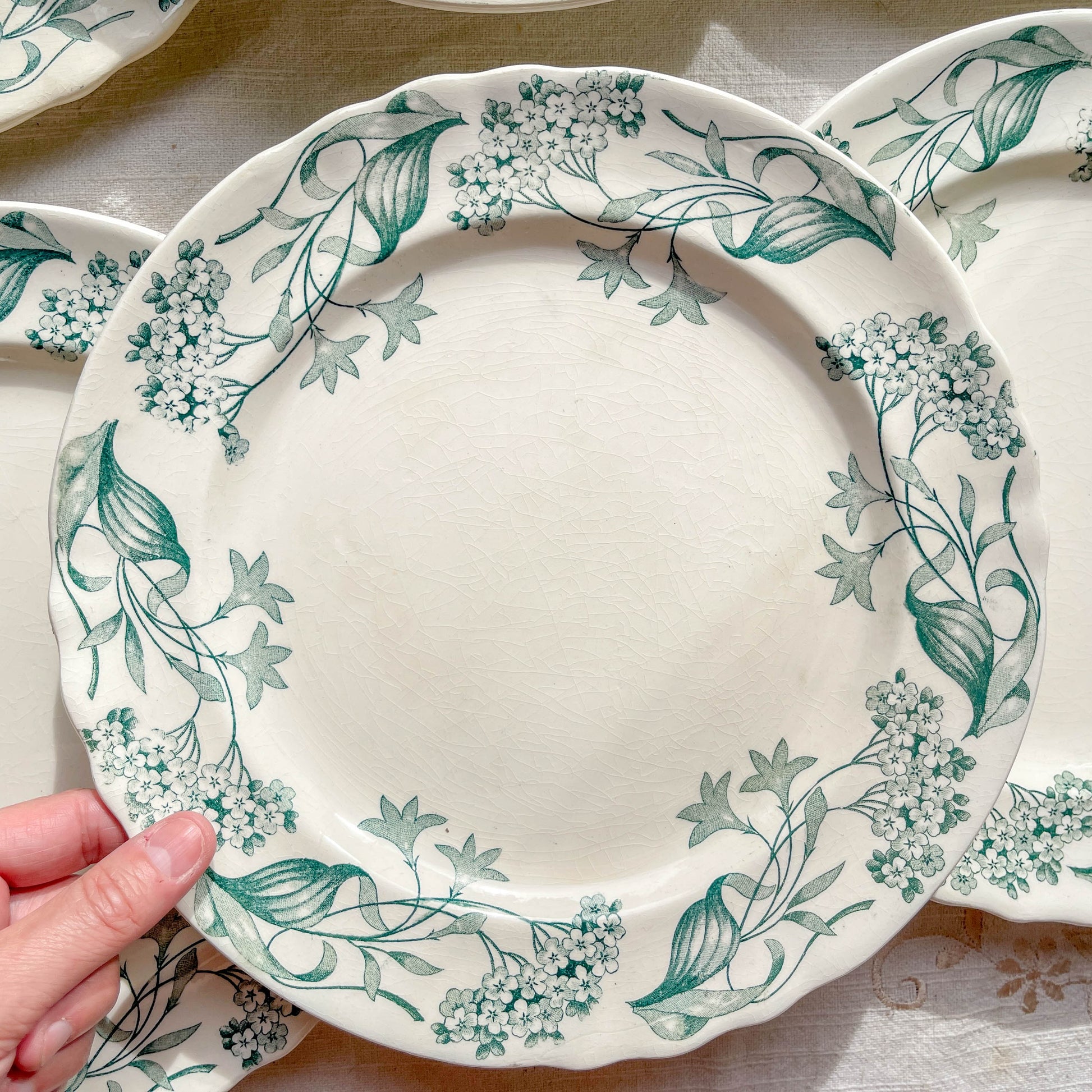 Lot de 6 assiettes plates anciennes en Terre de Fer, modèle 'Lilas' de la manufacture Longchamp – faïence blanche à décor floral bleu, France, fin XIXe siècle