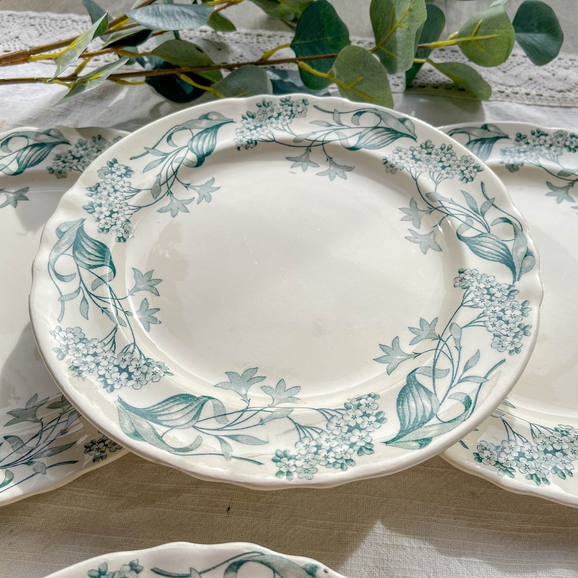 Lot de 6 assiettes plates anciennes en Terre de Fer, modèle 'Lilas' de la manufacture Longchamp – faïence blanche à décor floral bleu, France, fin XIXe siècle