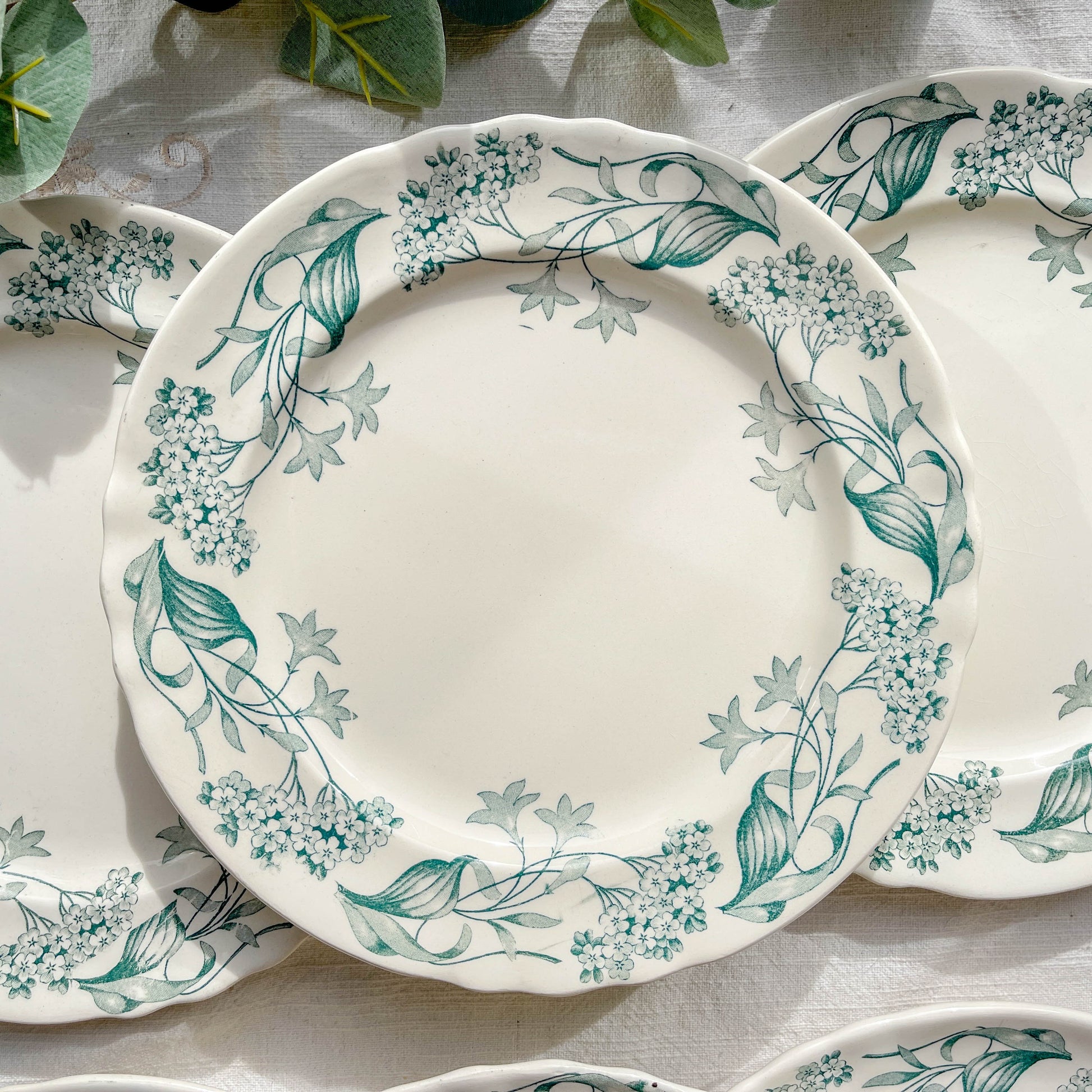 Lot de 6 assiettes plates anciennes en Terre de Fer, modèle 'Lilas' de la manufacture Longchamp – faïence blanche à décor floral bleu, France, fin XIXe siècle