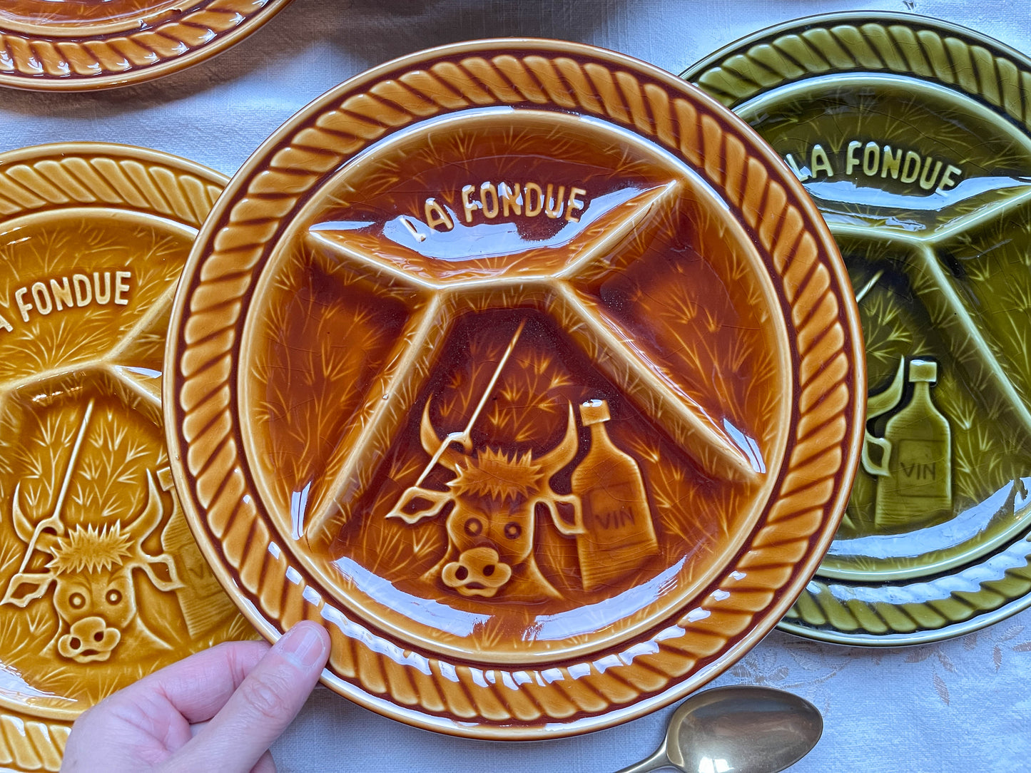 6 Assiettes à fondue vintage en céramique SARREGUEMINES France 1970