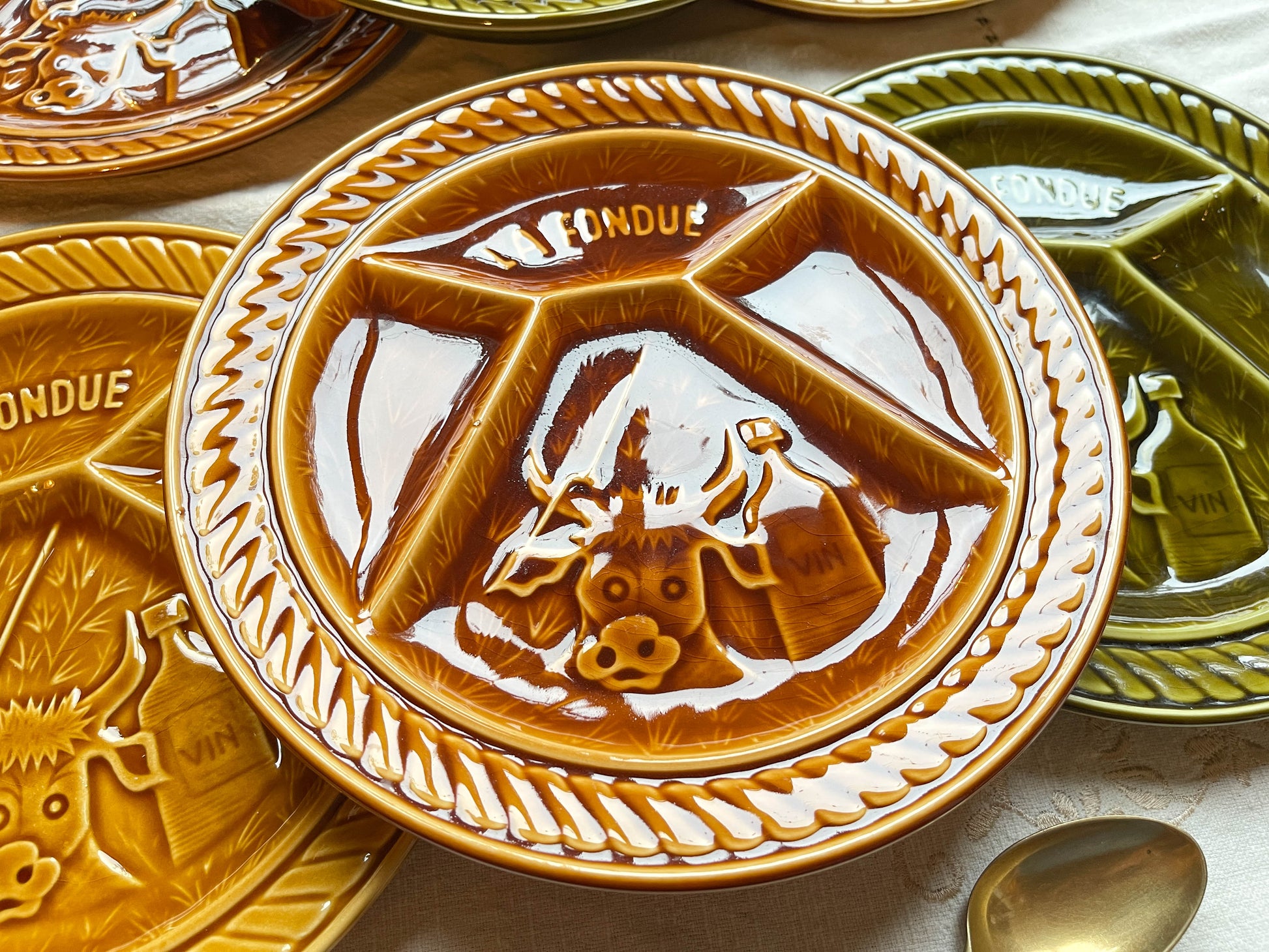 6 Assiettes à fondue vintage en céramique SARREGUEMINES France 1970