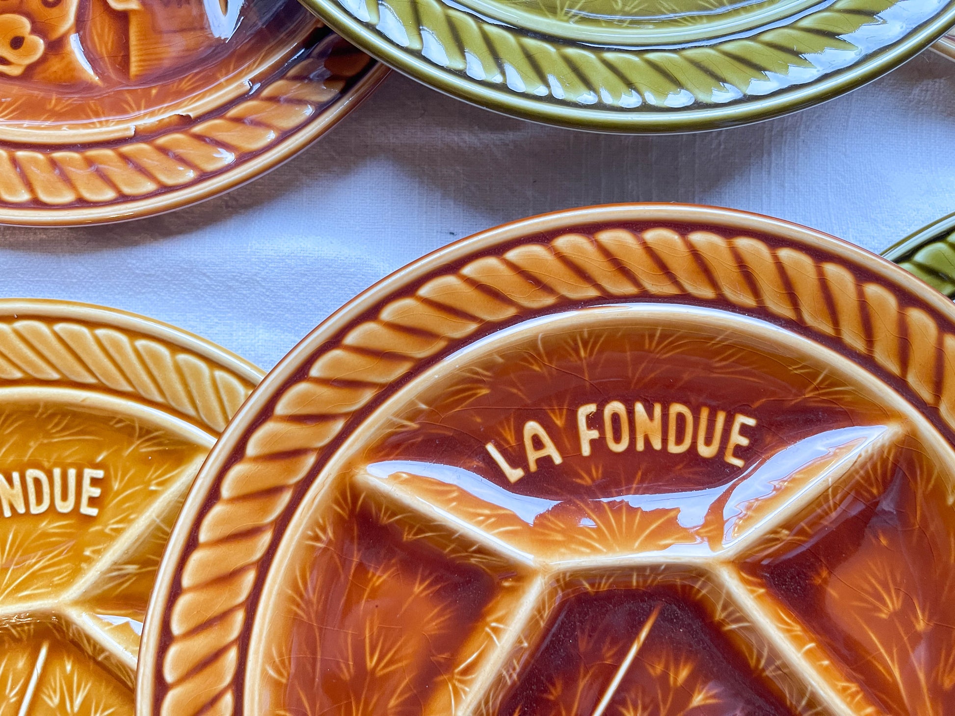 6 Assiettes à fondue vintage en céramique SARREGUEMINES France 1970