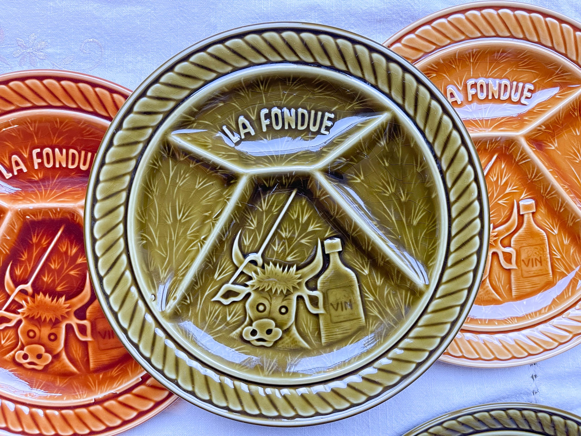 6 Assiettes à fondue vintage en céramique SARREGUEMINES France 1970