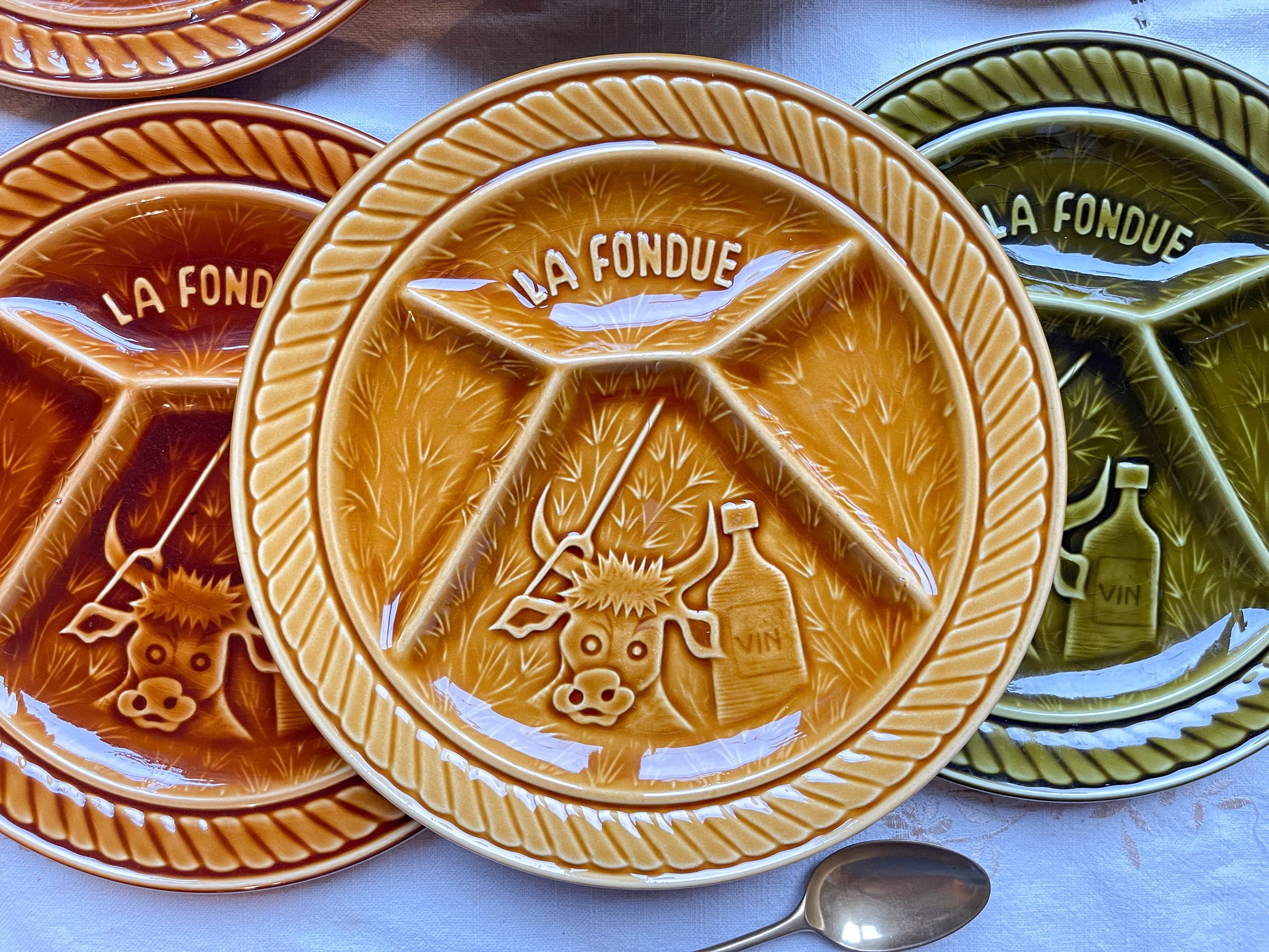 6 Assiettes à fondue vintage en céramique SARREGUEMINES France 1970