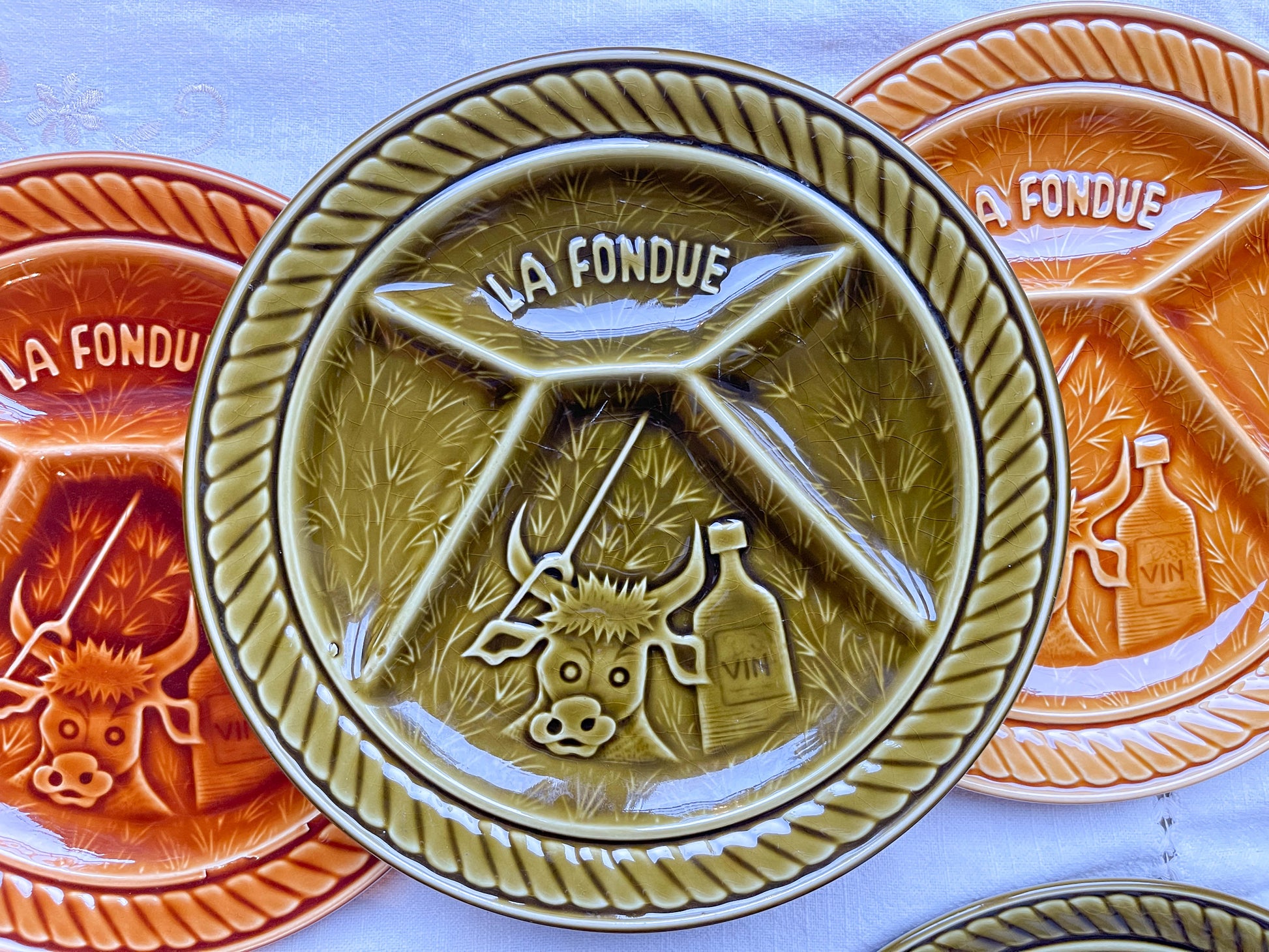 6 Assiettes à fondue vintage en céramique SARREGUEMINES France 1970