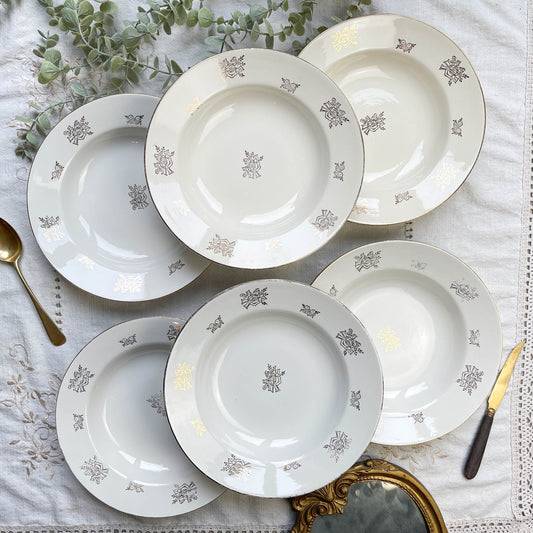 6 Assiettes creuses vintage en porcelaine DIGOIN & SARREGUEMINES France 1950 petites fleurs dorées - VIOLN.FR
