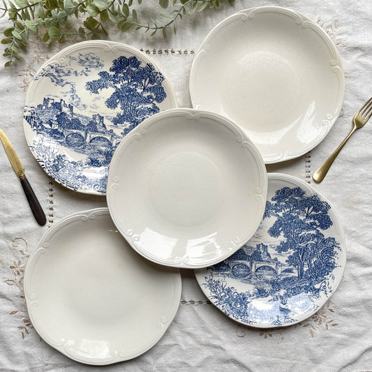 5 Assiettes vintage faïence de GIEN France dépareillées vintage motif bleues