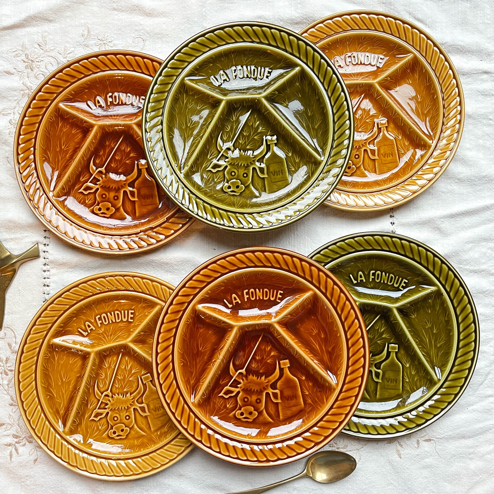 6 Assiettes à fondue vintage en céramique SARREGUEMINES France 1970
