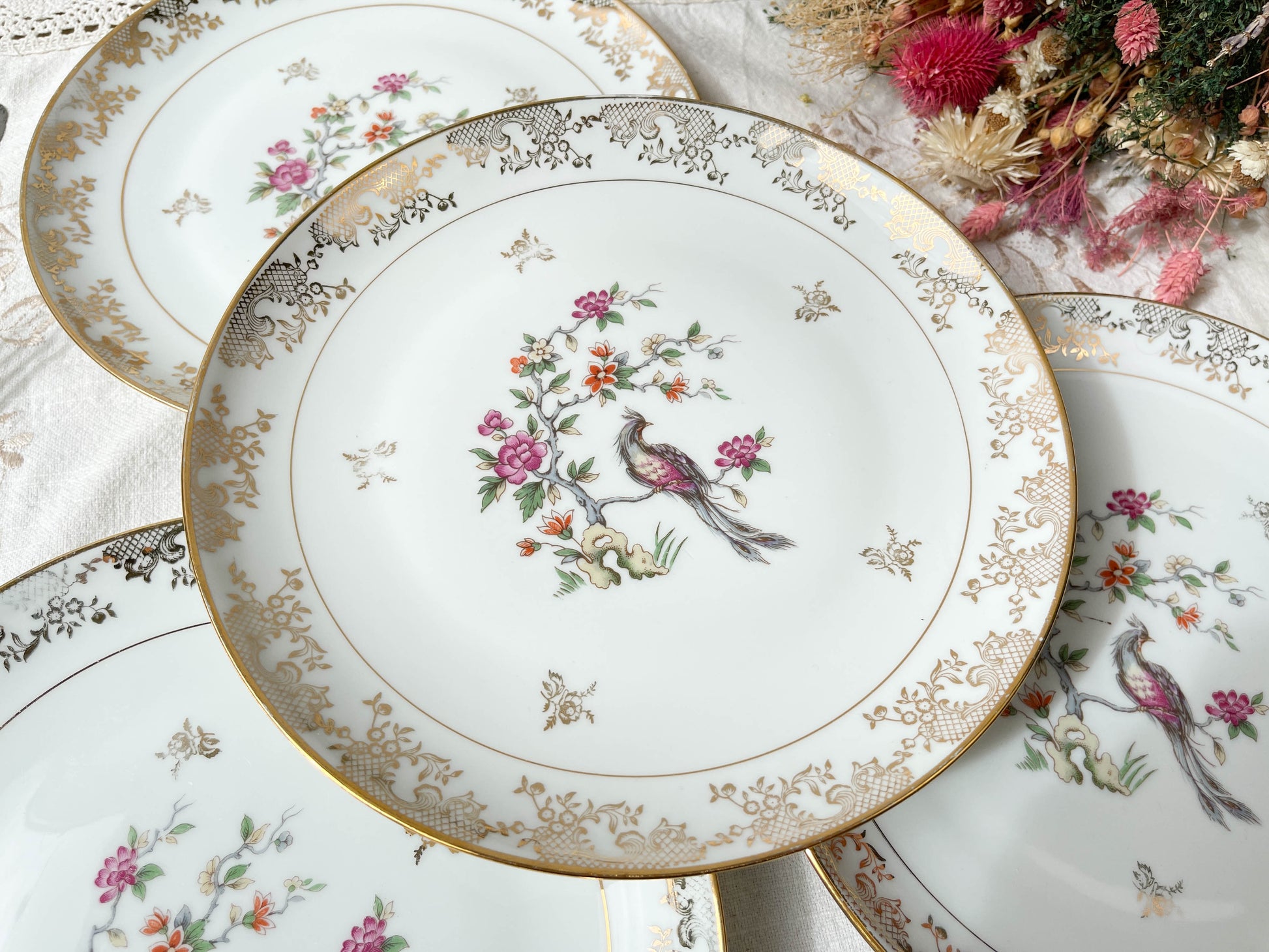 4 Assiettes plates en porcelaine de Limoges motif oiseau de paradis