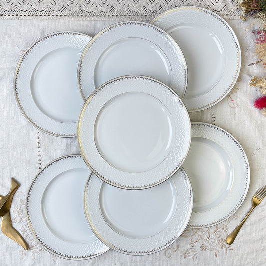 7 Assiettes plates vintage porcelaine blanche dorée BAVARIA modèle "Annabell"