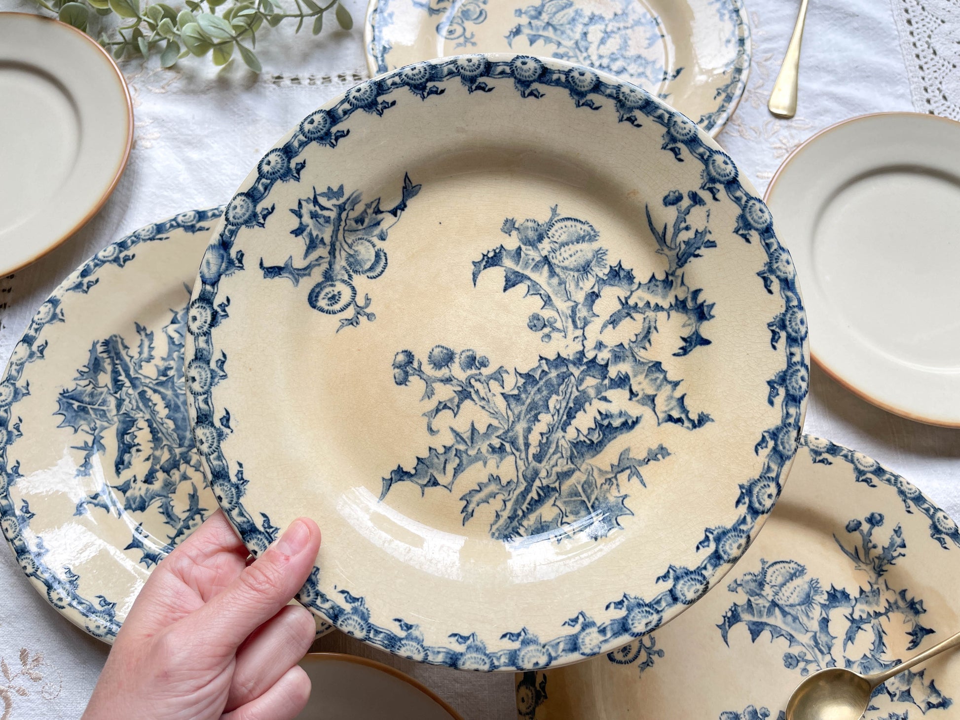 4 Assiettes Terre de fer GIEN Chardon + 4 Petites assiettes dépareillées grès TULOWICE