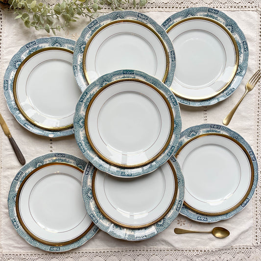 7 Assiettes Terre de fer bleues ONNAING + 7 Petites assiettes dépareillées porcelaine de LIMOGES