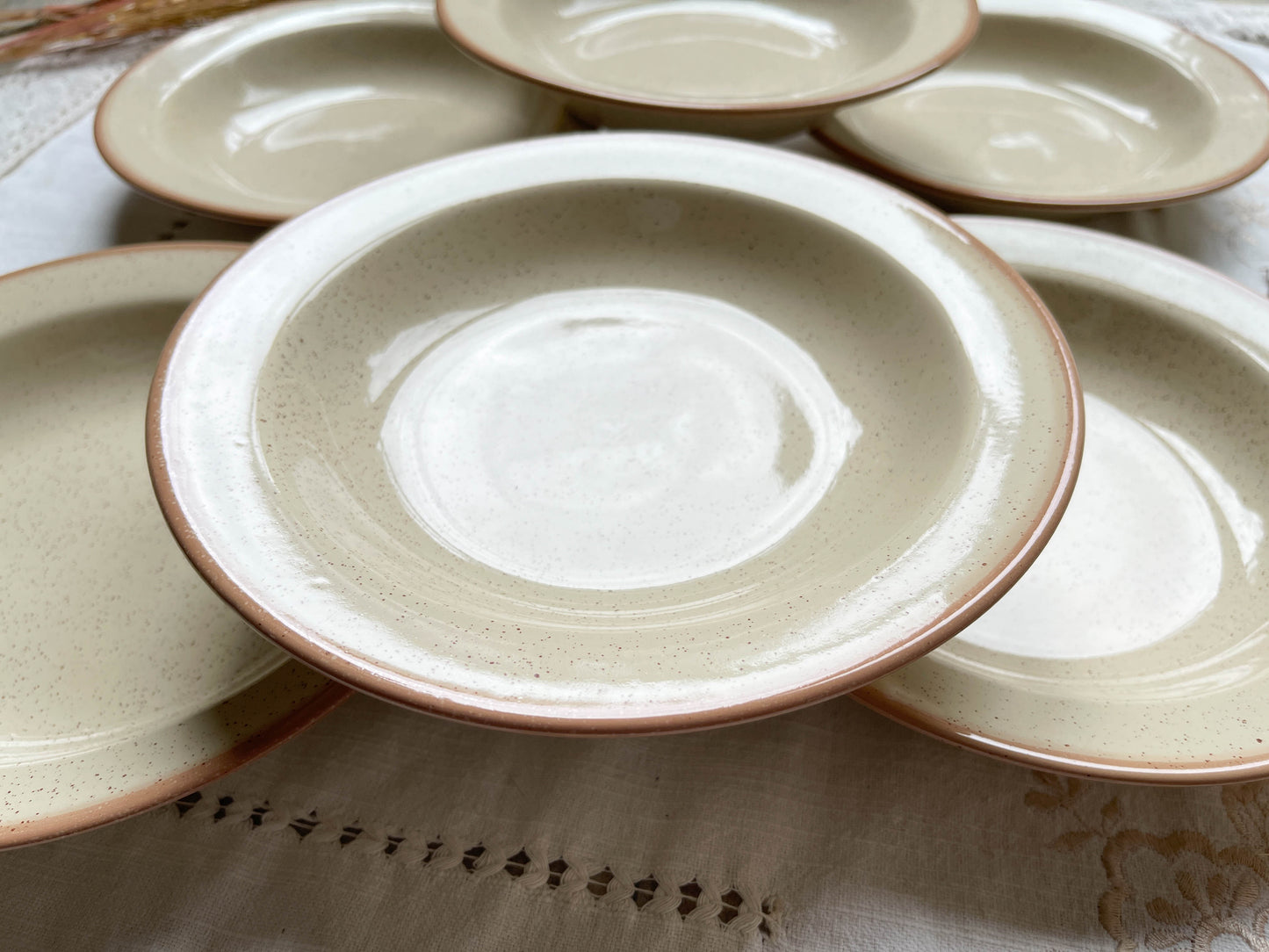 6 Assiettes creuses en grès beige moucheté style Tulowice Poland 1970