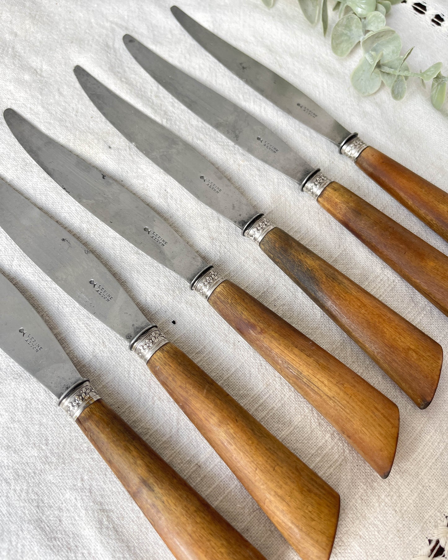 6 Couteaux vintages cornes Argent Lame acier LEPINE A LYON France XIXème