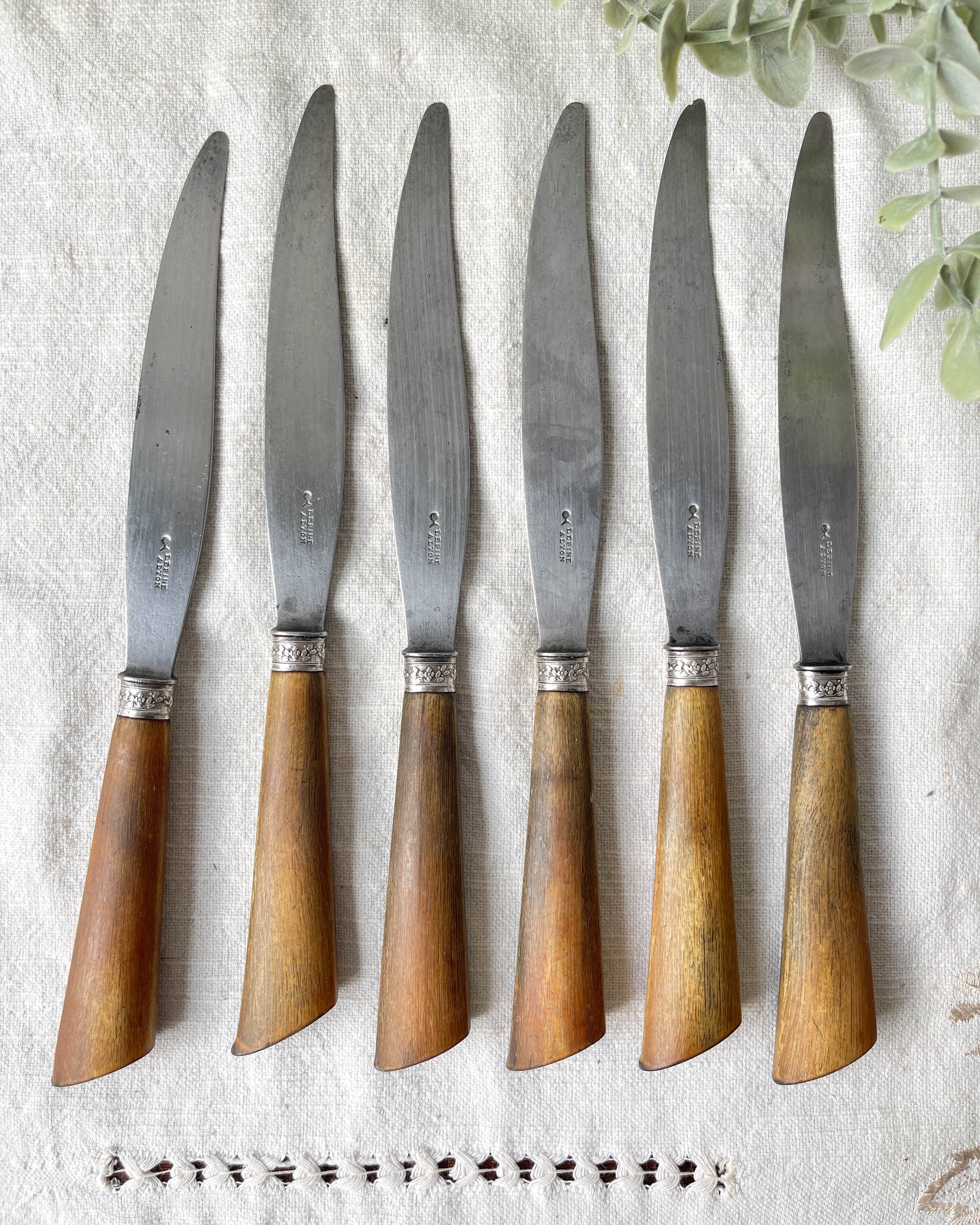 6 Couteaux vintages cornes Argent Lame acier LEPINE A LYON France XIXème
