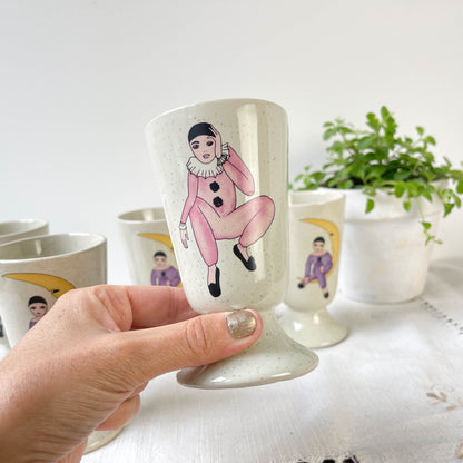 5 Mazagrans en grès vintage motif Pierrot et Colombine 1980