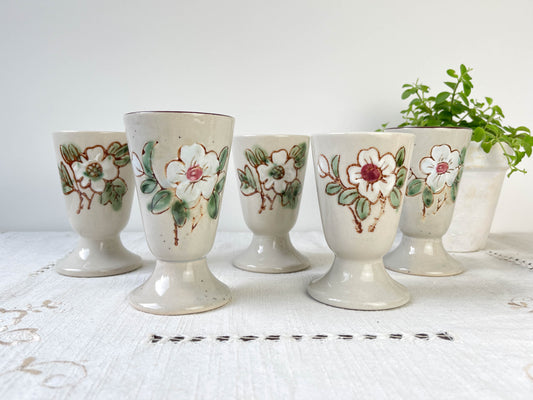 5 Mazagrans en grès vintage motif Fleuri Made in Corée 1980