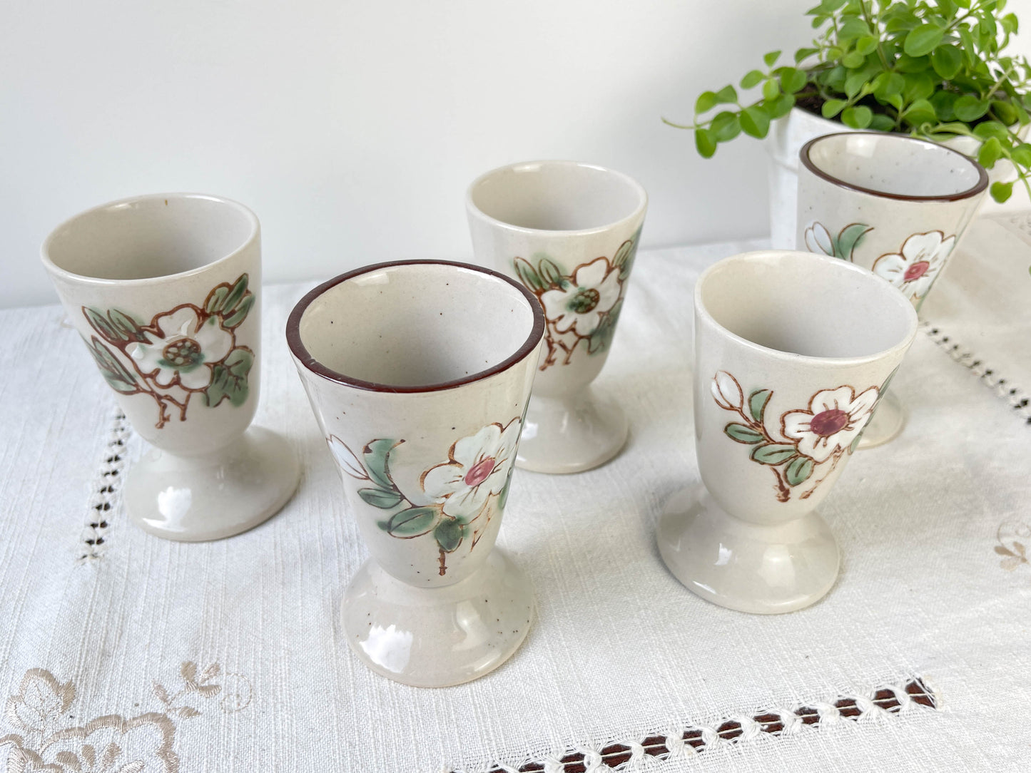5 Mazagrans en grès vintage motif Fleuri Made in Corée 1980