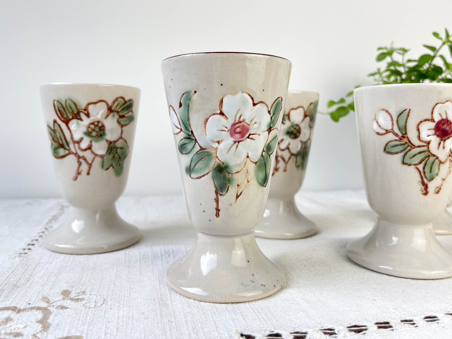 5 Mazagrans en grès vintage motif Fleuri Made in Corée 1980