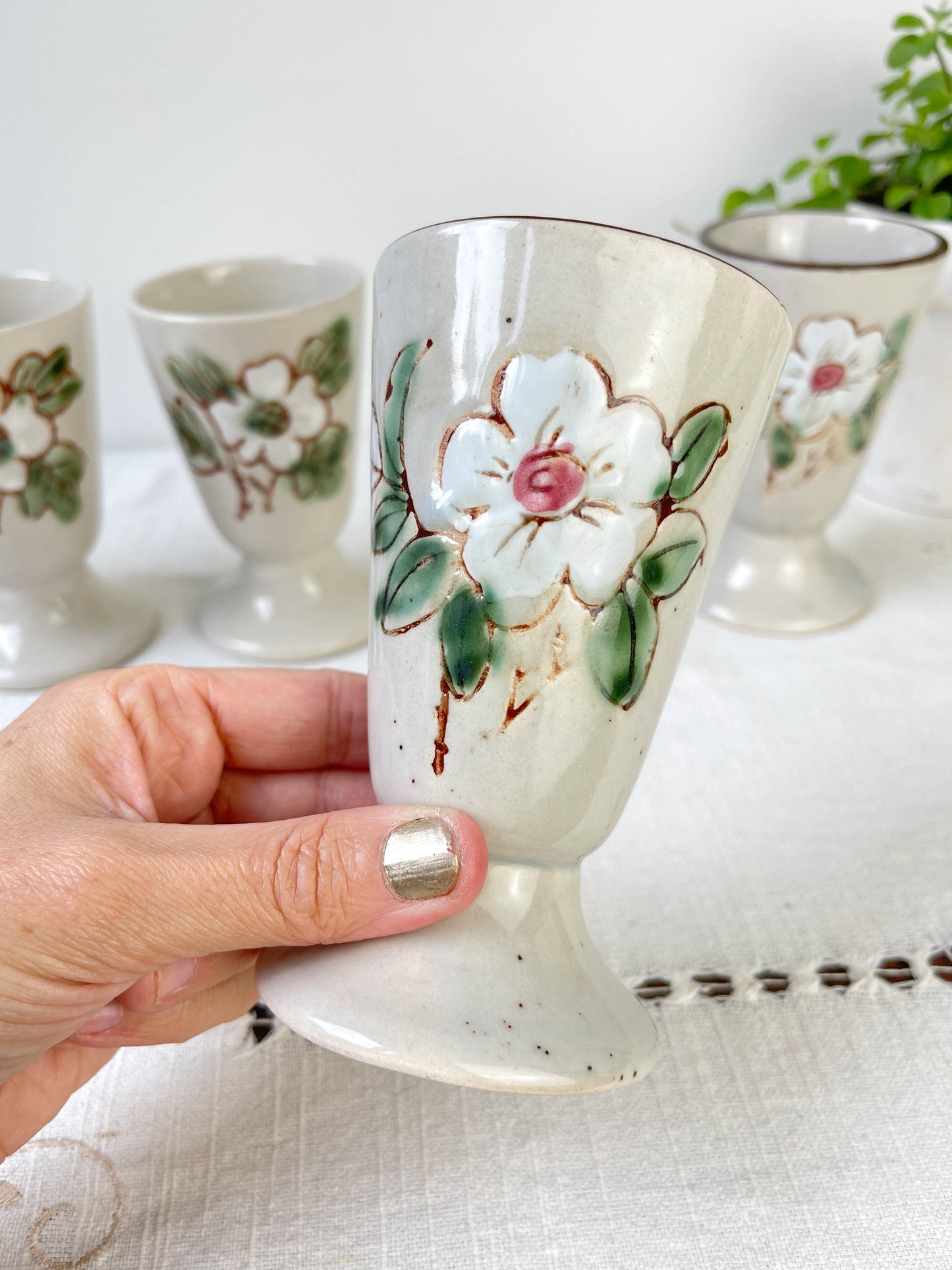 5 Mazagrans en grès vintage motif Fleuri Made in Corée 1980