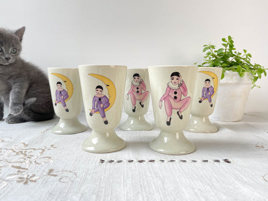 5 Mazagrans en grès vintage motif Pierrot et Colombine 1980