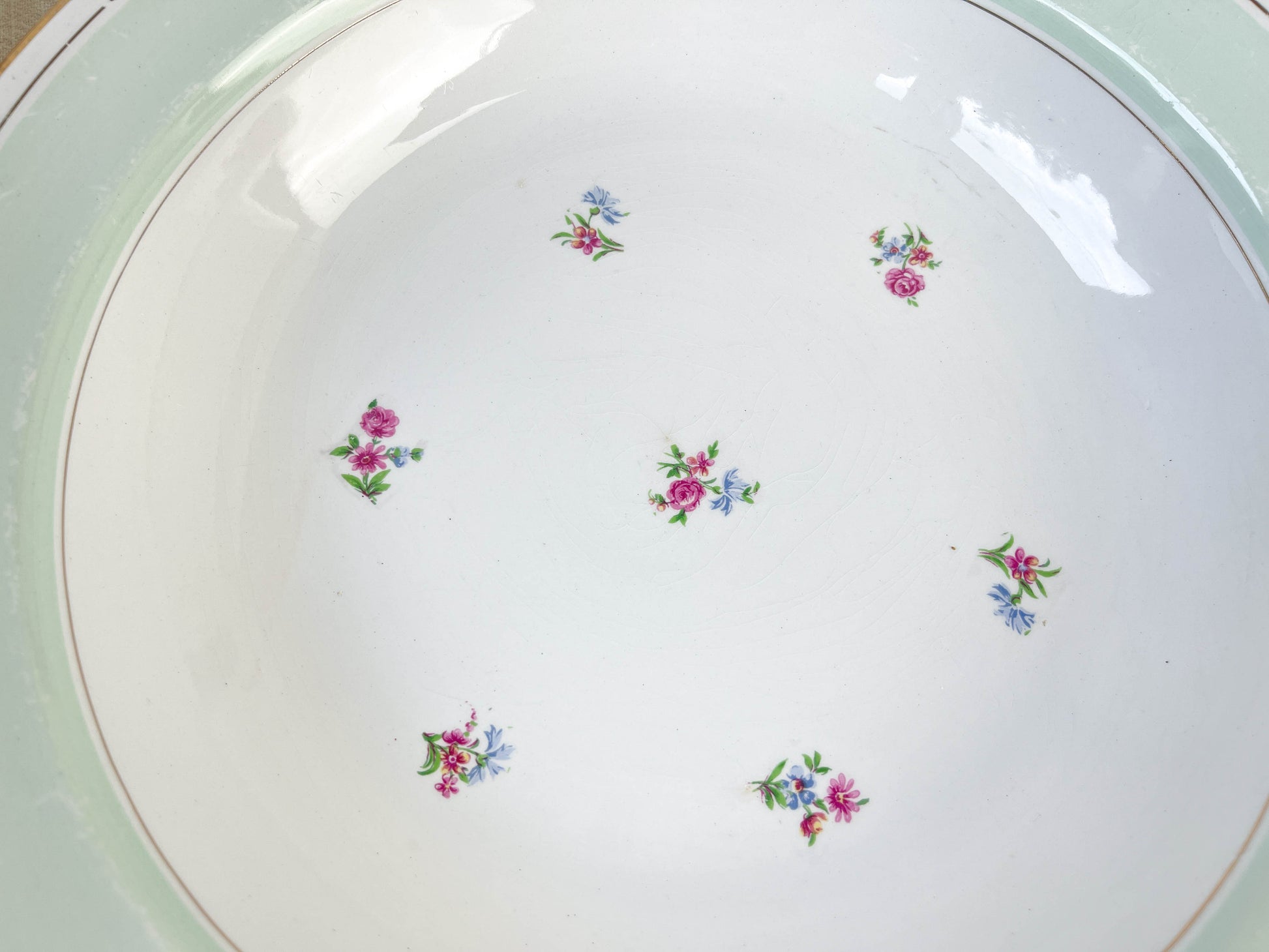 Plat creux porcelaine vintage blanche verte fleurie SALINS 66 de 1950s