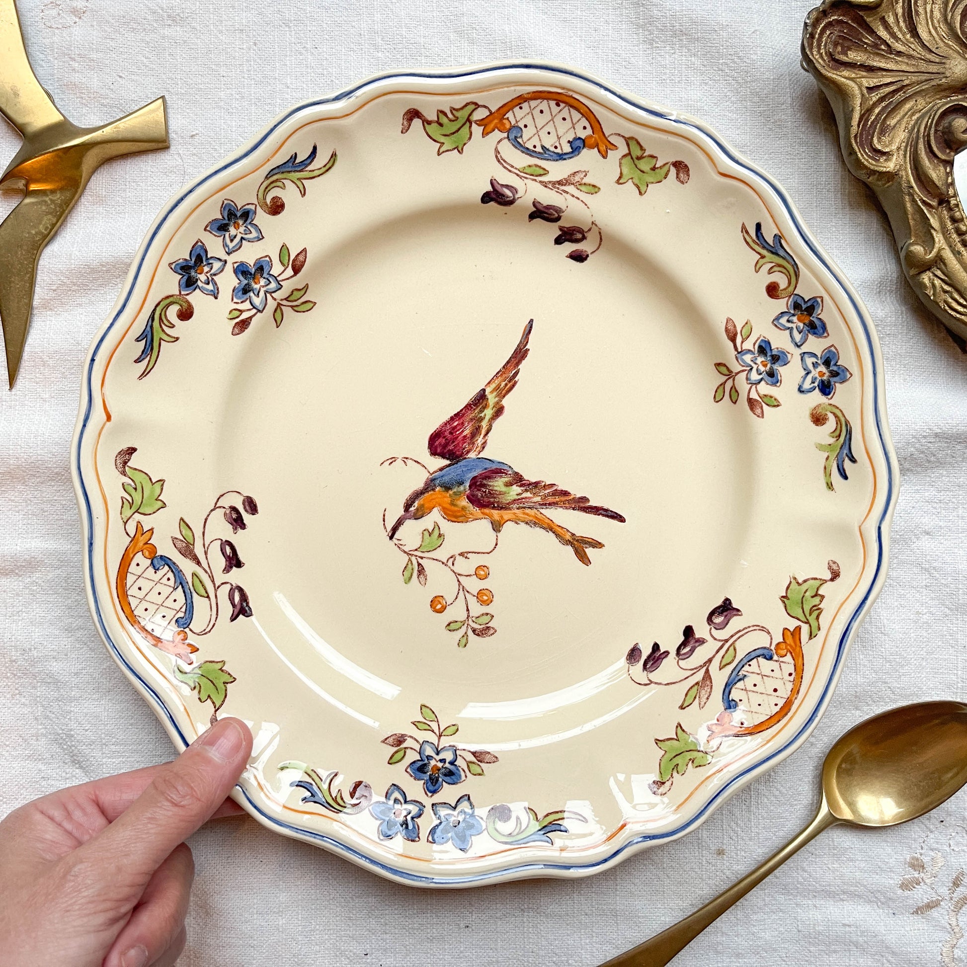 Assiette faïence vintage oiseau Cléry LONGCHAMP 1930