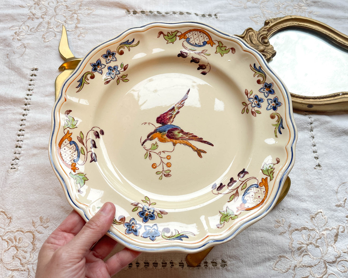 Assiette faïence vintage oiseau Cléry LONGCHAMP 1930