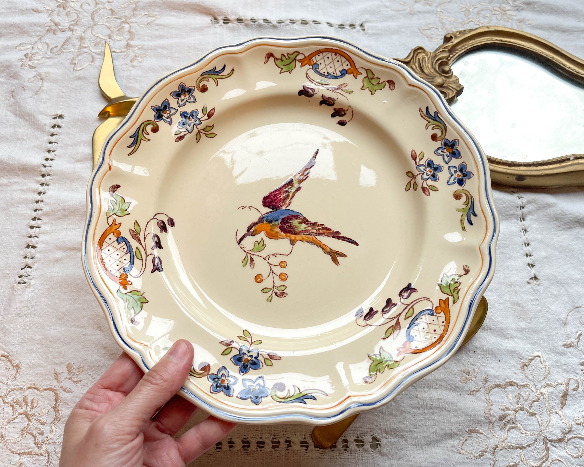 Assiette faïence vintage oiseau Cléry LONGCHAMP 1930