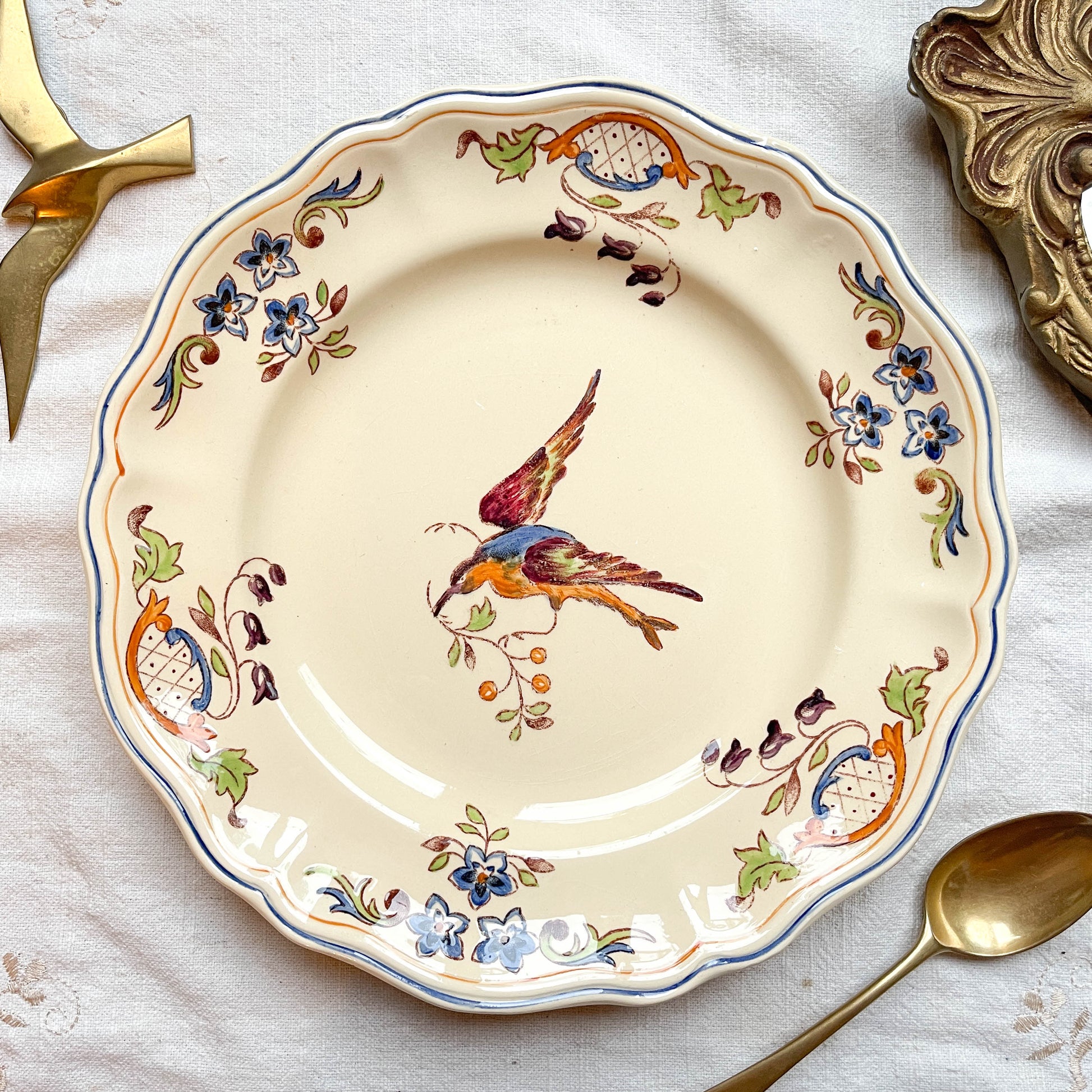Assiette faïence vintage oiseau Cléry LONGCHAMP 1930