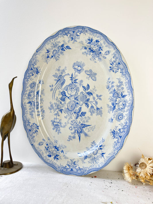 Plat oval vintage motif oiseaux, papillons et fleurs bleu en Faïence Anglaise