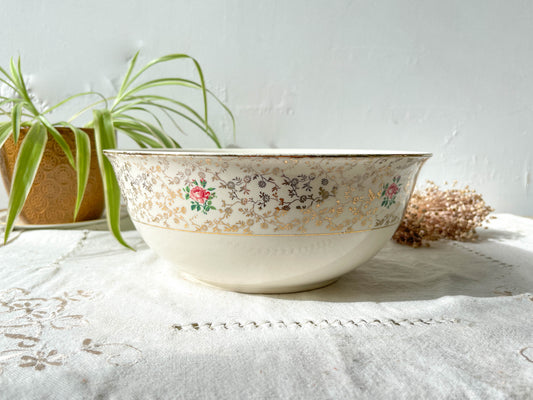 Saladier vintage en faïence fleurie blanche dorée Villeroy & boch