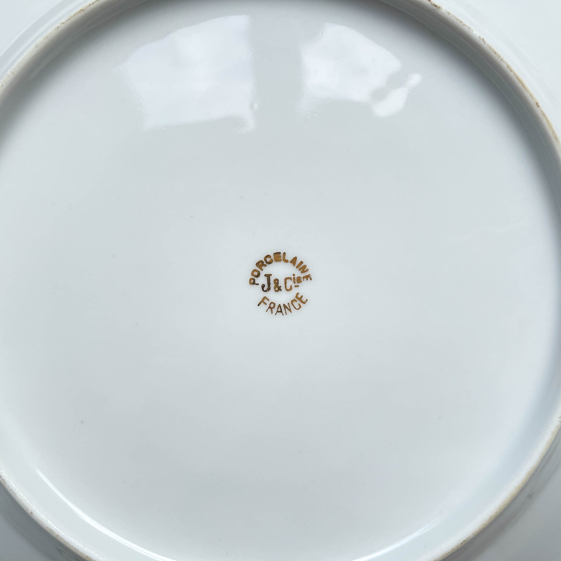 6 Assiettes plates en porcelaine blanches dorées J&Ciem France 1950 motif fleuri