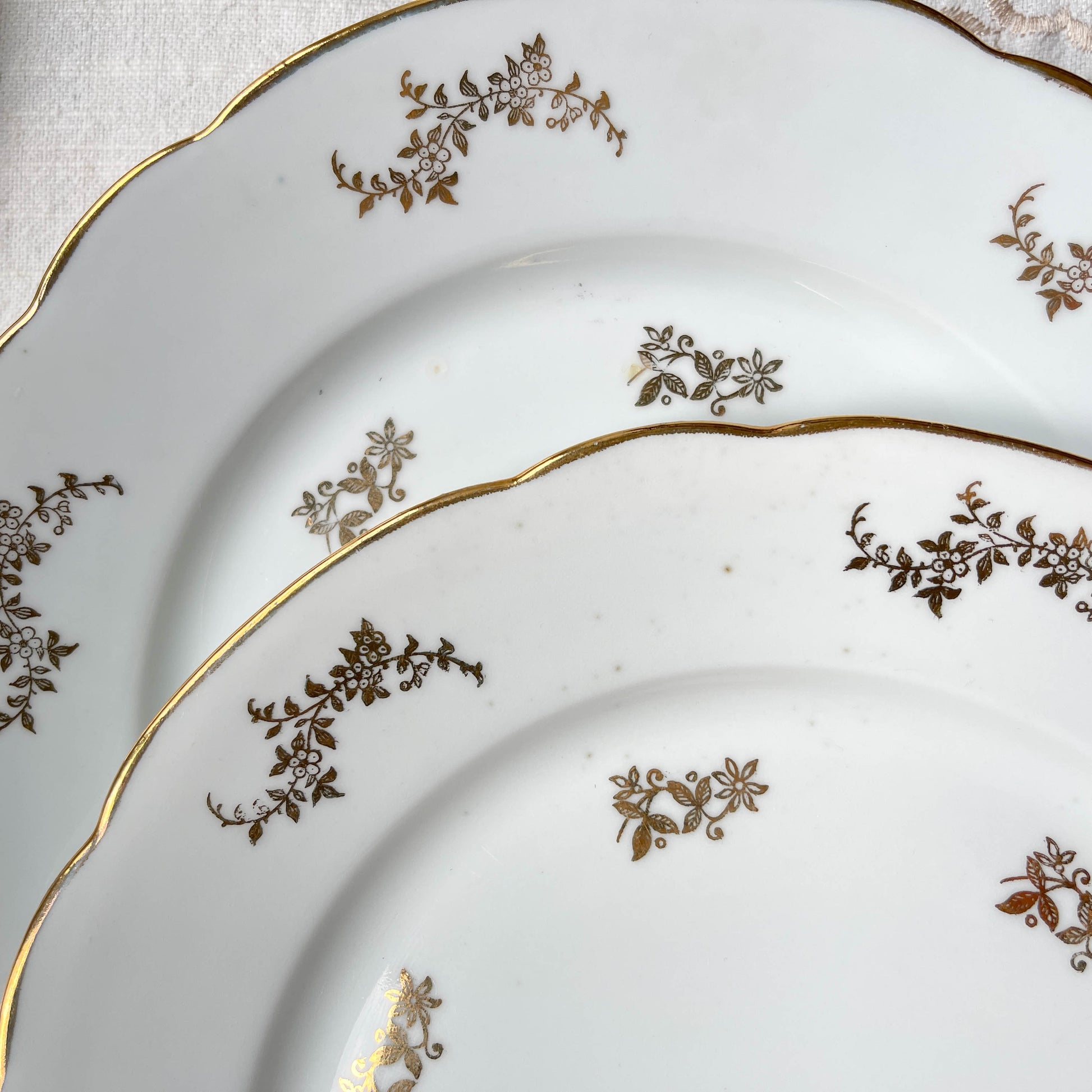 6 Assiettes plates en porcelaine blanches dorées J&Ciem France 1950 motif fleuri
