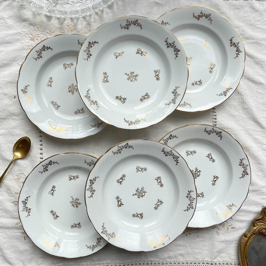 6 Assiettes creuses en porcelaine blanche dorée J&Ciem France 1950 motif fleuri 