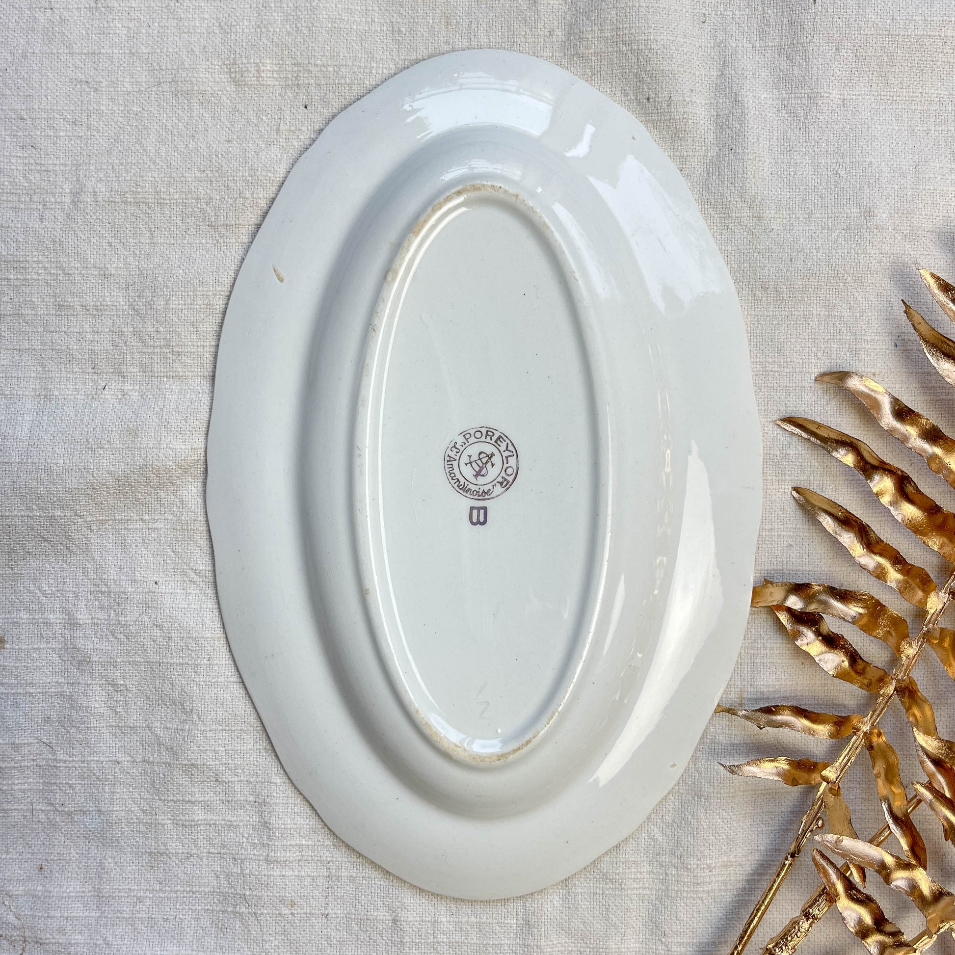 Ravier porcelaine vintage blanche et jaune - L'Amandinoise 1950 - Motif fleuri doré - Vaisselle ancienne française - Petit plat vintage
