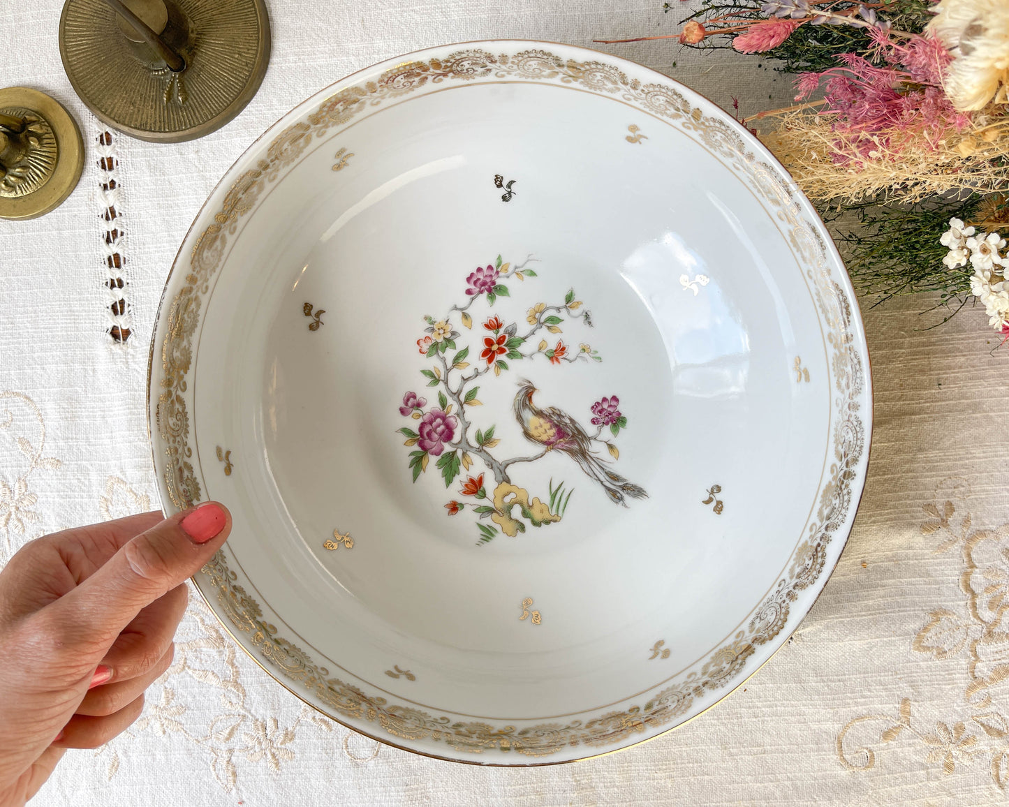 Saladier vintage porcelaine Française Limoges motif oiseau de paradis et fleurs 