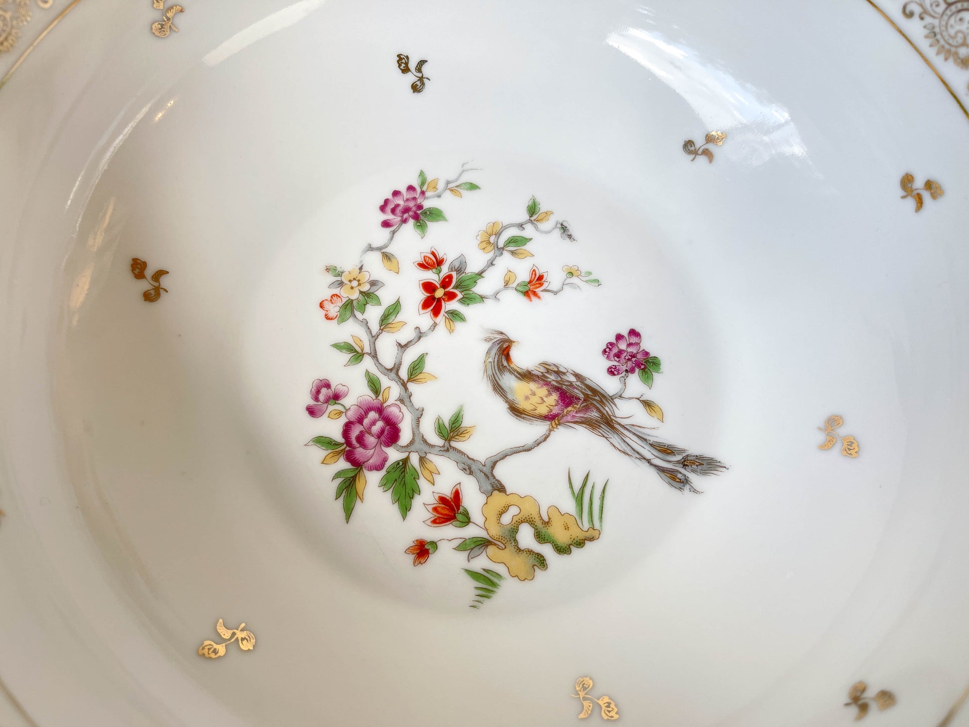 Saladier vintage porcelaine Française Limoges motif oiseau de paradis et fleurs 