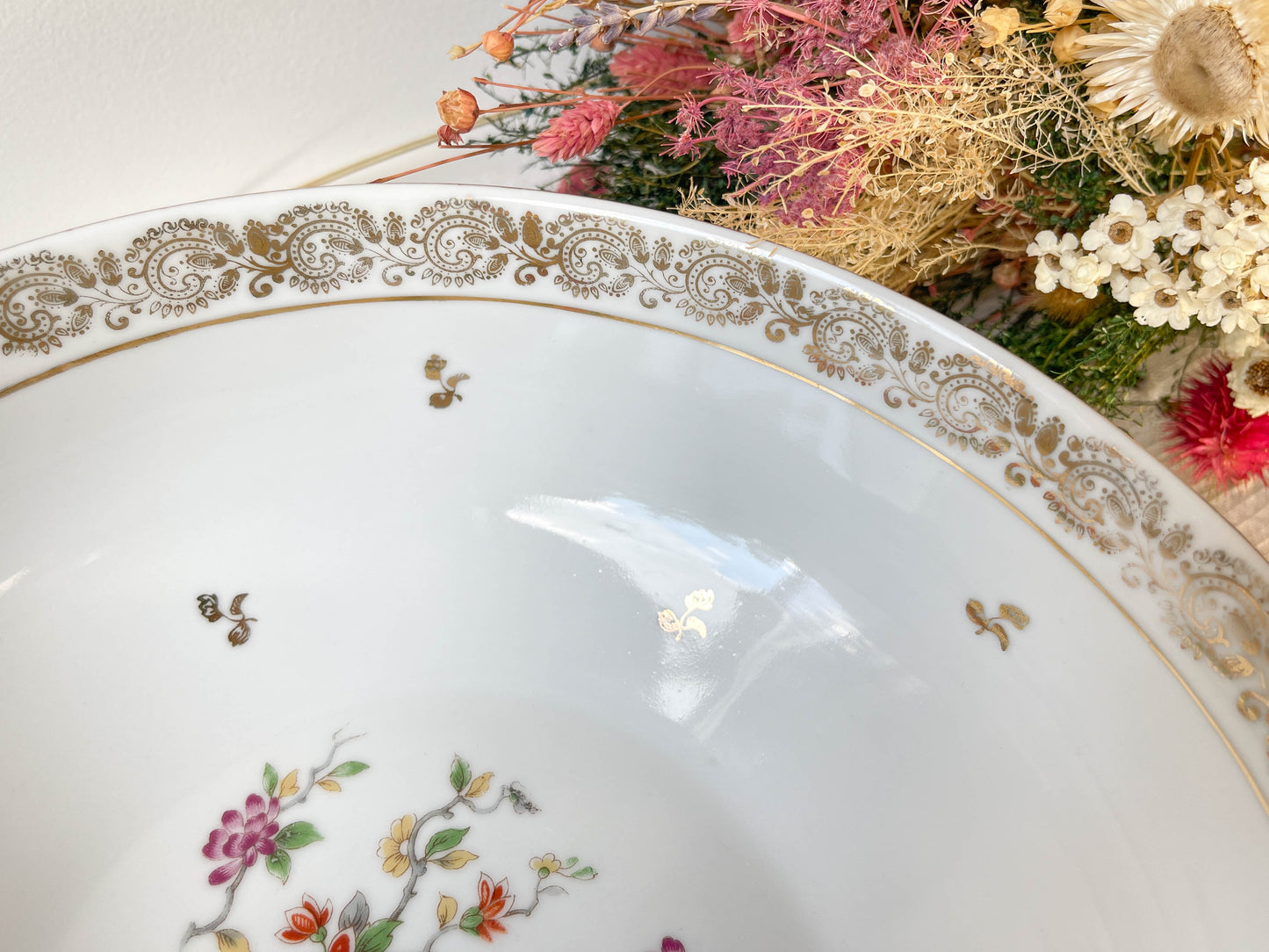 Saladier vintage porcelaine Française Limoges motif oiseau de paradis et fleurs 