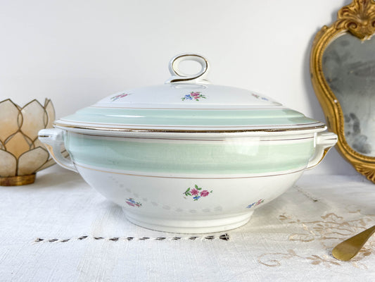 Soupière porcelaine vintage fleuri blanche verte SALINS 66 de 1950s